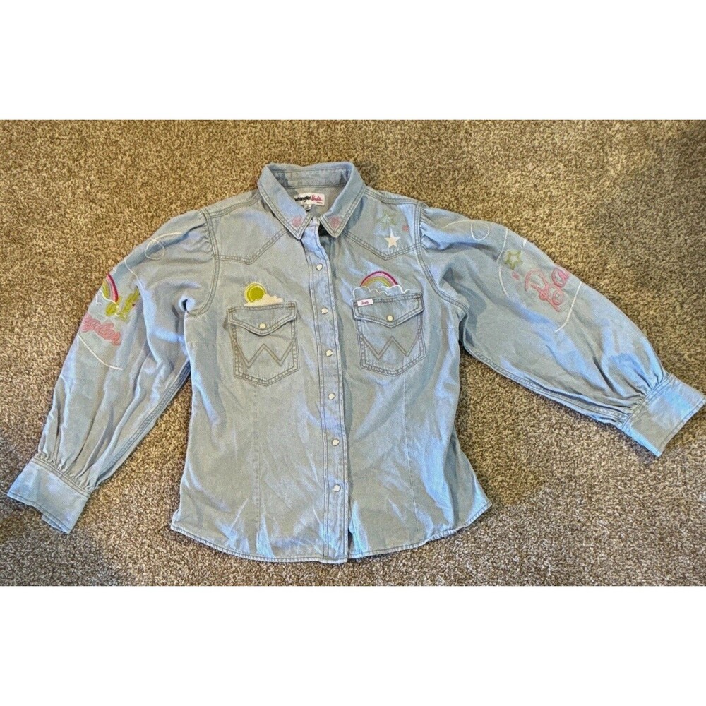 Wrangler Barbie women’s Blue Denim Shirt Snap Front Embroidered Rainbow L